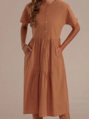 100% cotton Petallush Button-Front Short Sleeve Midi Dress Color: Salomon XS